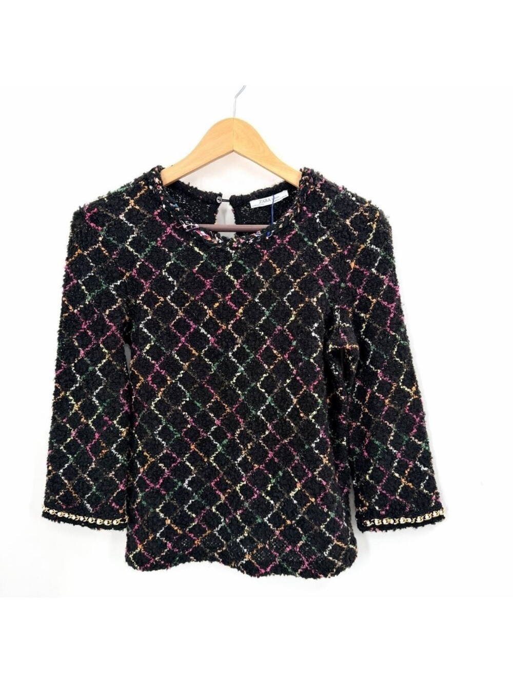 Zara Woman Black Marled Knit Pullover Sweater Pearl Chain Accent Womens Small
